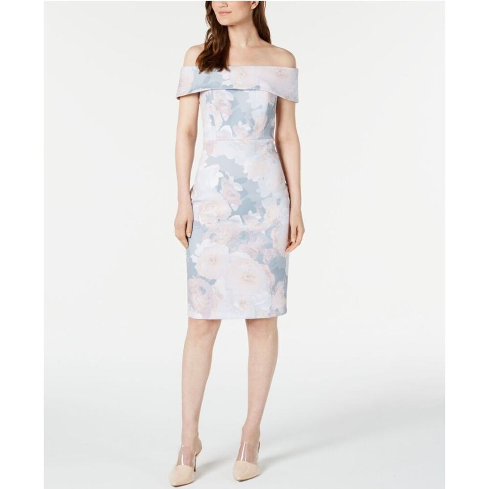 NWT Calvin Klein sz 4 scuba off the shoulder pink gray floral dress
